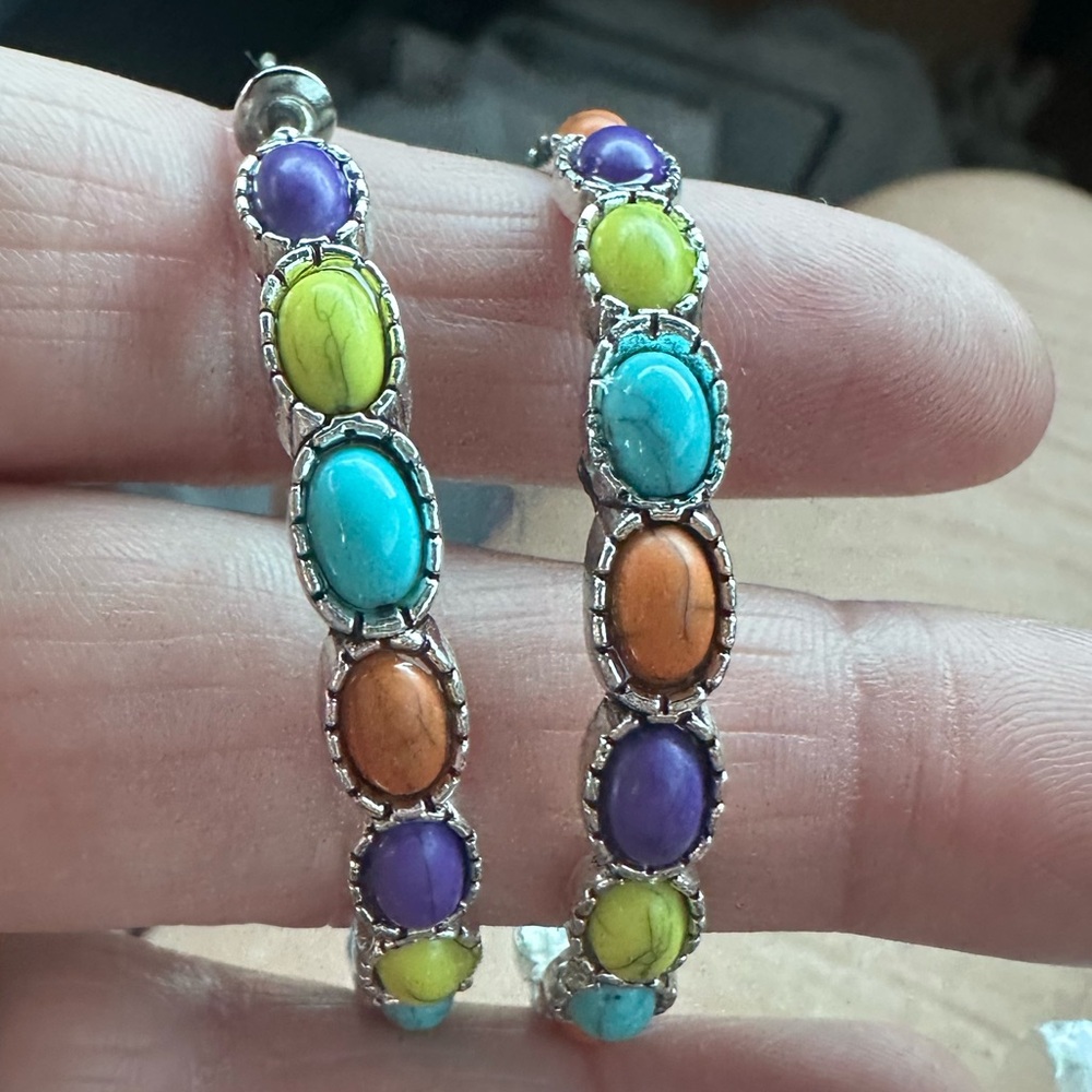 Multicolored Stone and Silver Hoop Earrings